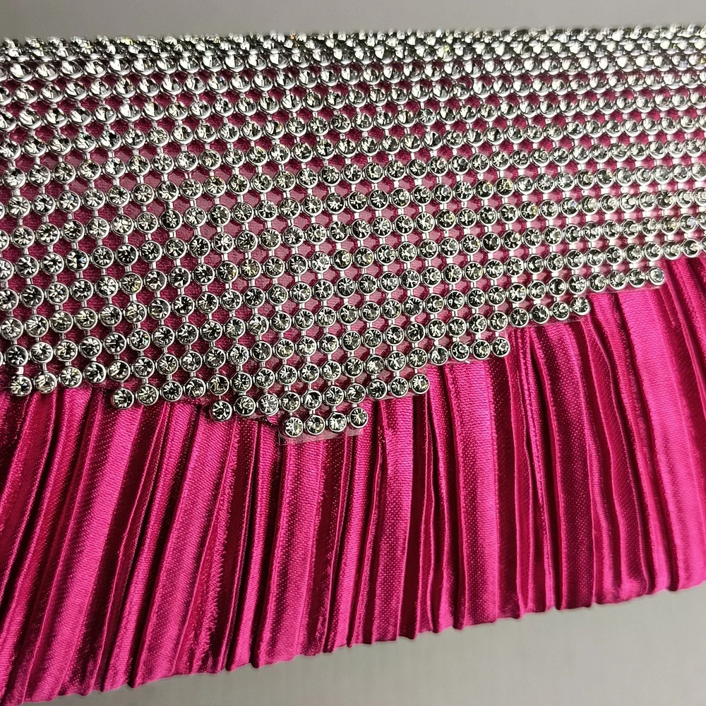Satin Clutch Bag Faux Rhinestone Plaited Hot Pink Metal Strap Cocktail Party